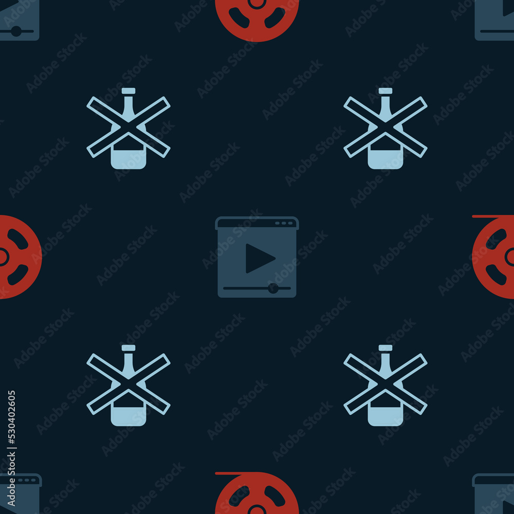 Set Film reel, Online play video and No alcohol on seamless pattern. Vector Set Film reel, Online play video and No alcohol on seamless pattern. Vector