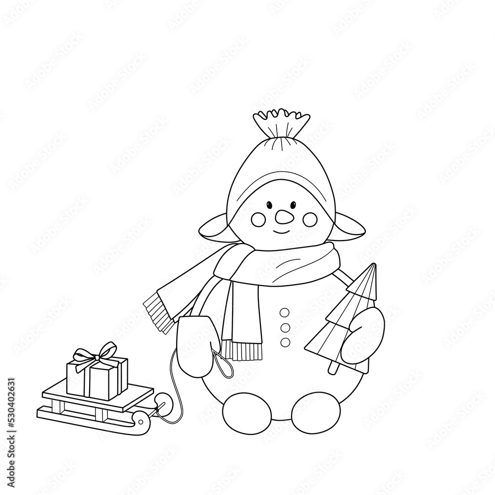Cute winter kids coloring book with snowman. Christmas festive black and white vector illustration with simple shapes and editable stroke.