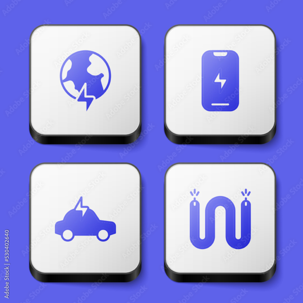 Set Global planet with thunderbolt, Mobile phone, Electric car and cable icon. White square button. Vector