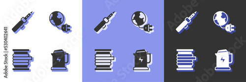 Set Electric kettle, Soldering iron, Wire electric cable reel and Global energy planet with plug icon. Vector