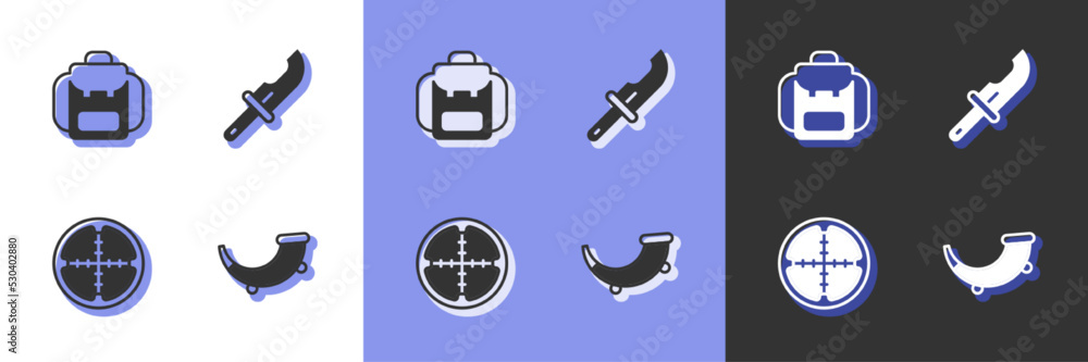 Set Hunting horn, Hiking backpack, Sniper optical sight and Hunter knife icon. Vector