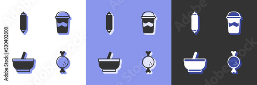 Set Chicken leg, Rolling pin, Mortar and pestle and Coffee cup to go icon. Vector