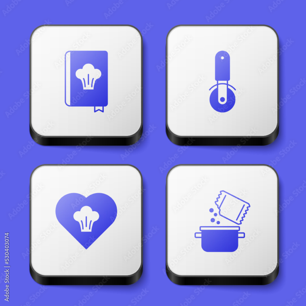 Set Cookbook, Pizza knife, Chef hat and Cooking pot and spice icon. White square button. Vector Set Cookbook, Pizza knife, Chef hat and Cooking pot and spice icon. White square button. Vector