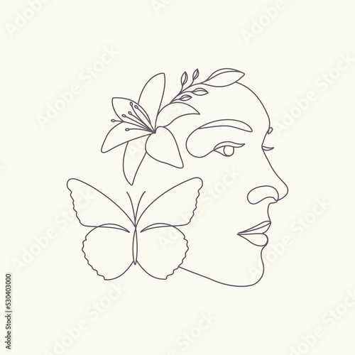 Hand-drawn woman head with butterfly and flower beauty face minimal line art lined illustration