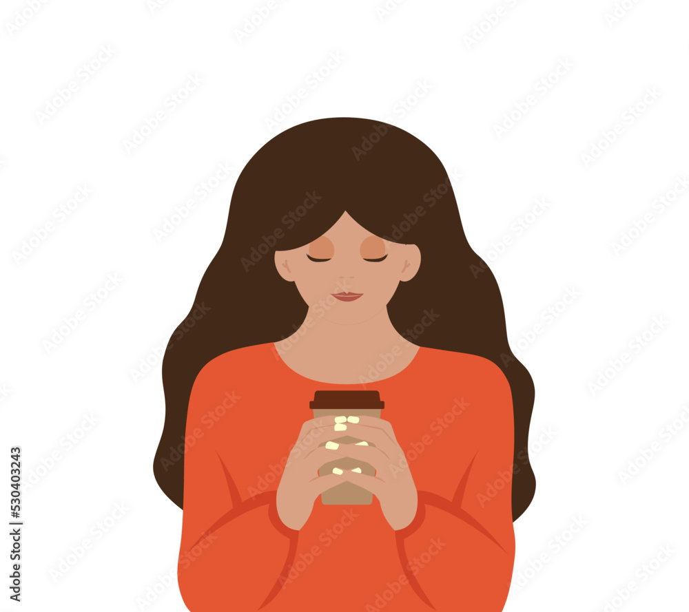 Illustration of a girl in an orange sweater drinking coffee isolated on a white background Illustration of a girl in an orange sweater drinking coffee isolated on a white background