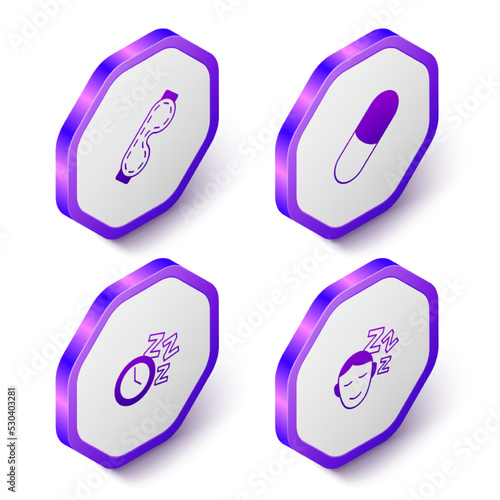 Set Isometric Eye sleep mask, Sleeping pill, Alarm clock and Dreams icon. Purple hexagon button. Vector