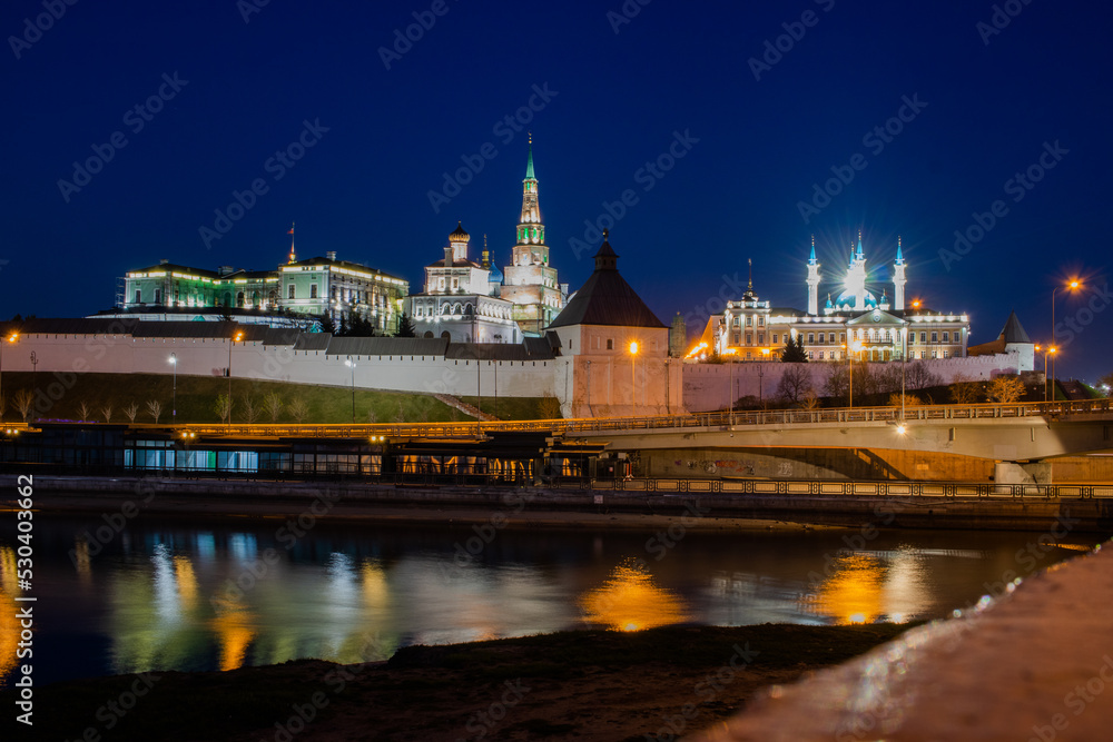 Panoramic view with Kazan Kremlin at night, mosque Kul Sharif and with river Kazanka.May 2022