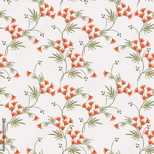 Simple seamless floral vector patternwith small scattered branches with flowers  red on  gray background. Floral illustration for wallpapers, textile, wrapping paper