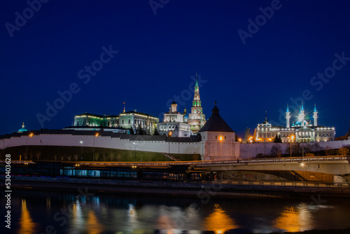 Panoramic view with Kazan Kremlin at night, mosque Kul Sharif and with river Kazanka.May 2022