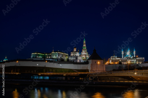 Panoramic view with Kazan Kremlin at night  mosque Kul Sharif and with river Kazanka.May 2022
