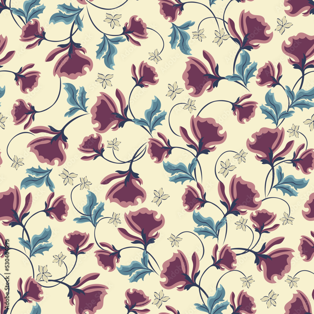 Trendy seamless pattern with  of plants similar to peony, carnation, poppy petals. Beige, purple, blue colors.  Vector illustration. Modern textile, branding, packaging, wallpapers, fabrics