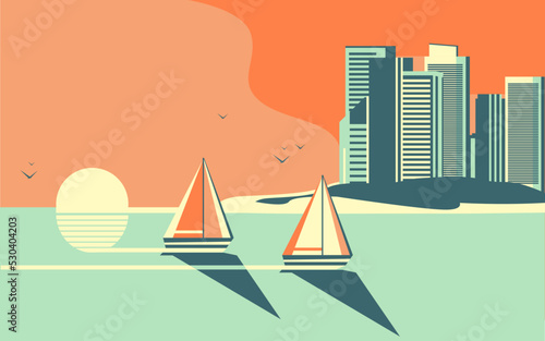 Beautiful sunset or sunrise landscape. Yachts or a sea regatta sail or compete against the backdrop of the setting or rising sun. Near the city landscape.