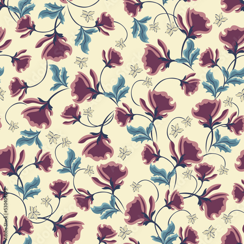 Trendy seamless pattern with  of plants similar to peony  carnation  poppy petals. Beige  purple  blue colors.  Vector illustration. Modern textile  branding  packaging  wallpapers  fabrics