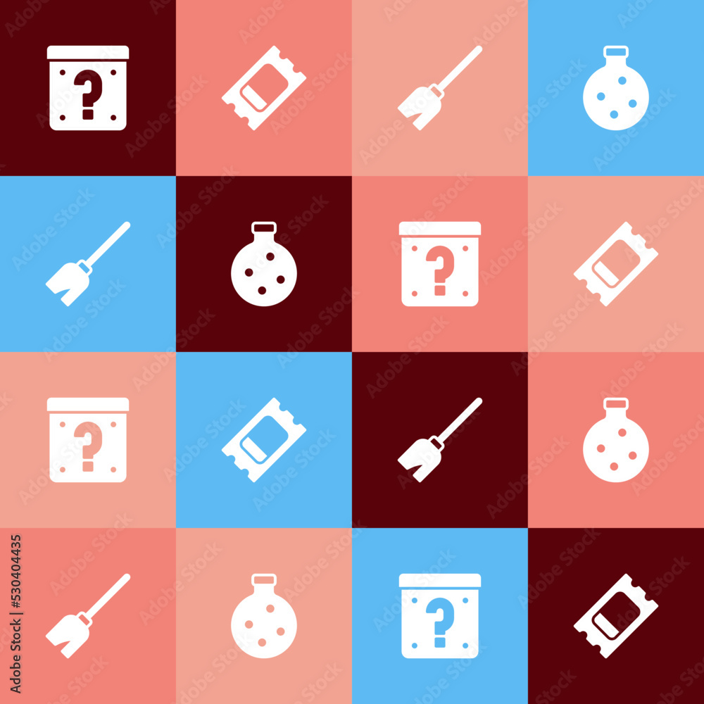 Set pop art Mystery box, Circus ticket, Witches broom and Bottle with potion icon. Vector Set pop art Mystery box, Circus ticket, Witches broom and Bottle with potion icon. Vector