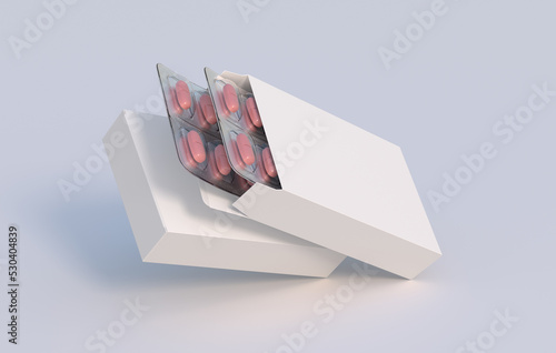 Cardbox packaging with two blisters with vitamin pills. Mockup template. 3d rendering photo