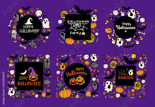 A set of frames for Halloween. Vector collection of templates from ghosts, candies, pumpkins, purple black with a place for text and lettering Merry Halloween borders hand-drawn square and circle