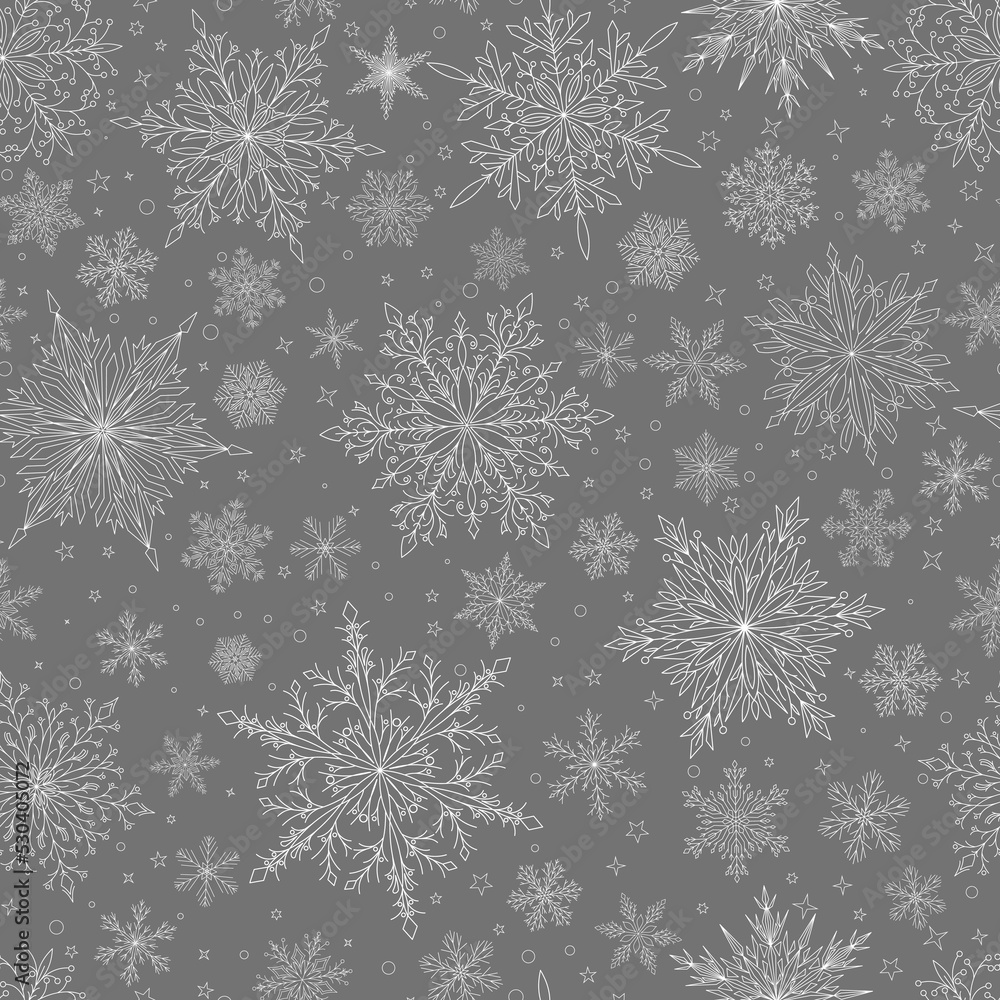 Seamless pattern with complex big and small Christmas snowflakes in gray colors. Winter background with falling snow Seamless pattern with complex big and small Christmas snowflakes in gray colors. Winter background with falling snow