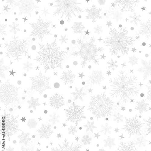 Seamless pattern with complex big and small Christmas snowflakes in gray colors. Winter background with falling snow