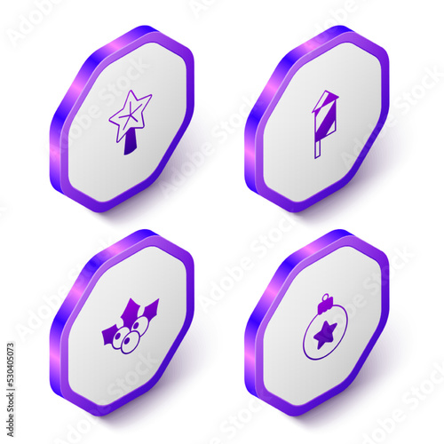Set Isometric Christmas star, Firework rocket, Branch viburnum and ball icon. Purple hexagon button. Vector