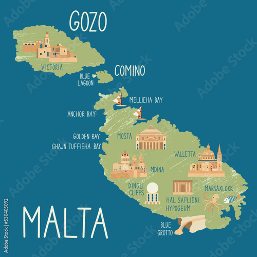 Hand drawn illustrated map of Malta, Gozo and Comino. Concept of travel to the Malta. Colorful vector illustartion. Country symbols on the map. photo