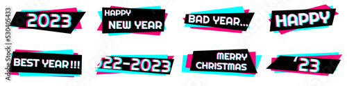 Set of stickers for a popular social network. Black - blue  - pink sticker on white background. Creative concept of 2023 Happy New Year stickers in social media style. Vector illustration