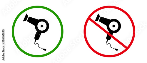 Prohibited and permitted icon set for use of hair dryer. Hair dryer malfunction. Vector.