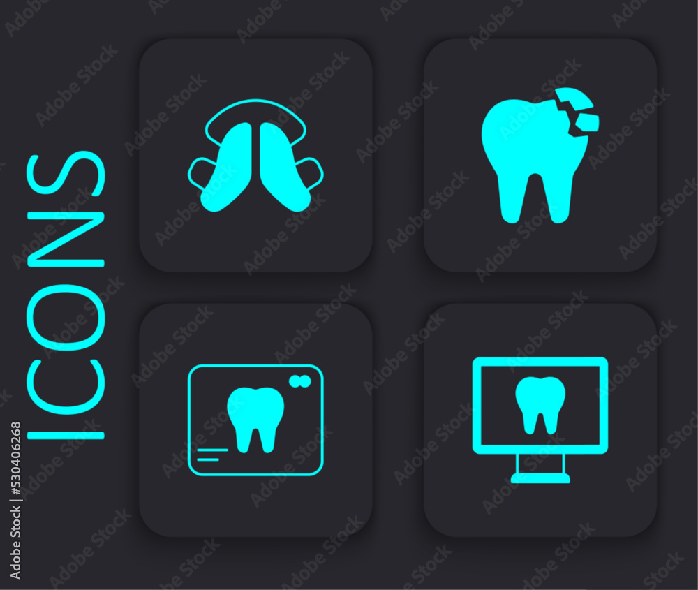 Set Online dental care, Dental tooth plate, Broken and X-ray of icon. Black square button. Vector Set Online dental care, Dental tooth plate, Broken and X-ray of icon. Black square button. Vector