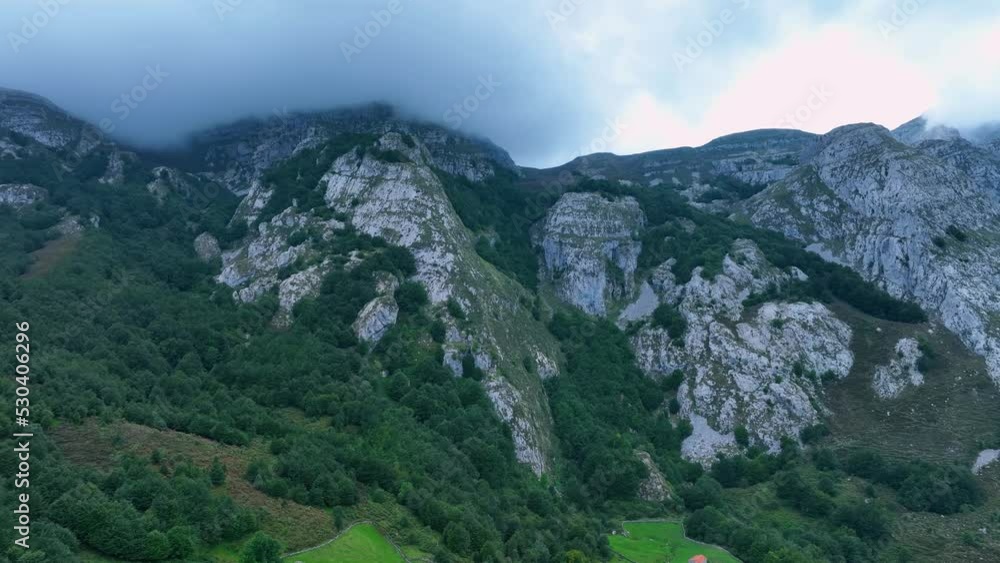 Landscape seen from a drone in the surroundings of Portillo de La Sía. La Gandara, Soba Valley, Valles Pasiegos, Cantabria, Spain, Europe Landscape seen from a drone in the surroundings of Portillo de La Sía. La Gandara, Soba Valley, Valles Pasiegos, Cantabria, Spain, Europe