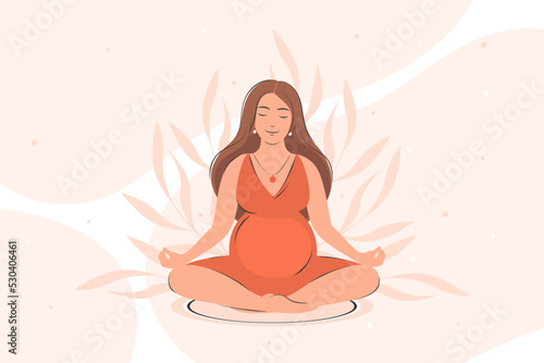 Pregnant woman meditates. Concept yoga, meditation, relax, health, pregnancy, motherhood. Vector illustration.