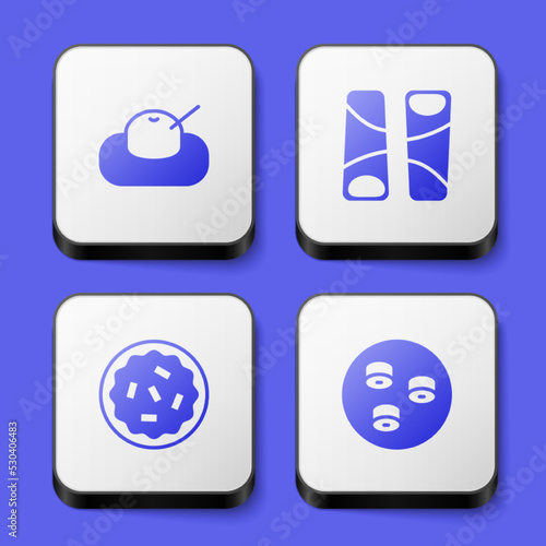 Set Mochi, Guotie, Homemade pie and Sushi icon. White square button. Vector