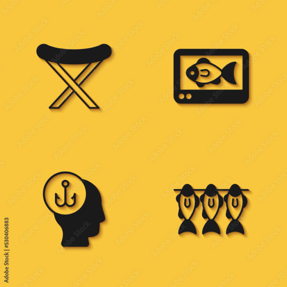 Set Camping folding chair, Dried fish, Fisherman and finder echo sounder icon with long shadow. Vector Set Camping folding chair, Dried fish, Fisherman and finder echo sounder icon with long shadow. Vector
