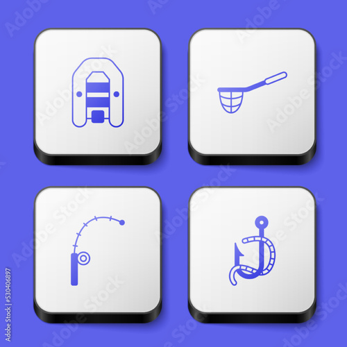 Set Inflatable boat with motor, Fishing net, rod and hook and worm icon. White square button. Vector © Iryna