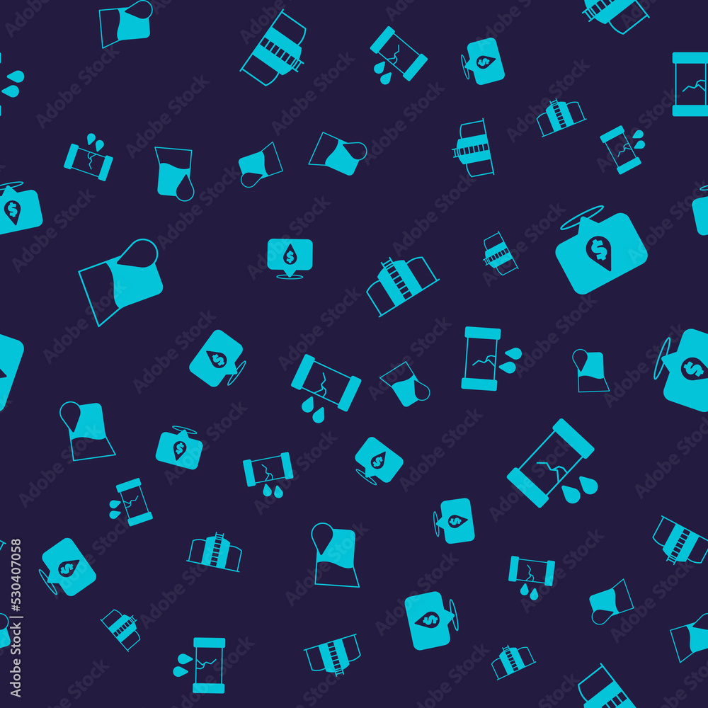 Set Oil petrol test tube, drop with dollar symbol, tank storage and Broken oil pipe valve on seamless pattern. Vector Set Oil petrol test tube, drop with dollar symbol, tank storage and Broken oil pipe valve on seamless pattern. Vector