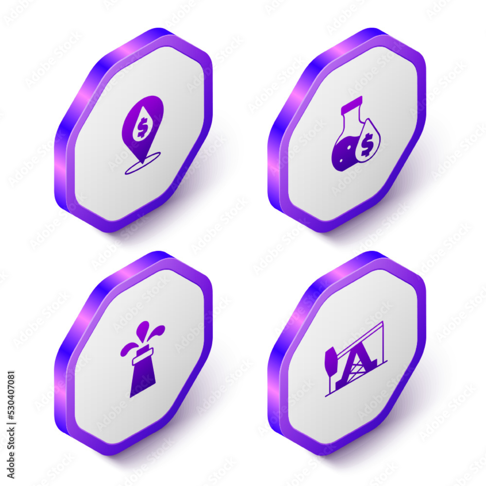 Set Isometric Oil drop with dollar symbol, petrol test tube, rig and pump or pump jack icon. Purple hexagon button. Vector Set Isometric Oil drop with dollar symbol, petrol test tube, rig and pump or pump jack icon. Purple hexagon button. Vector