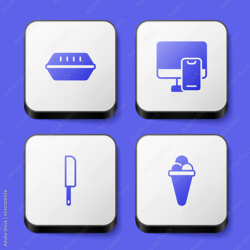 Set Lunch box, Online ordering food, Knife and Ice cream waffle icon. White square button. Vector