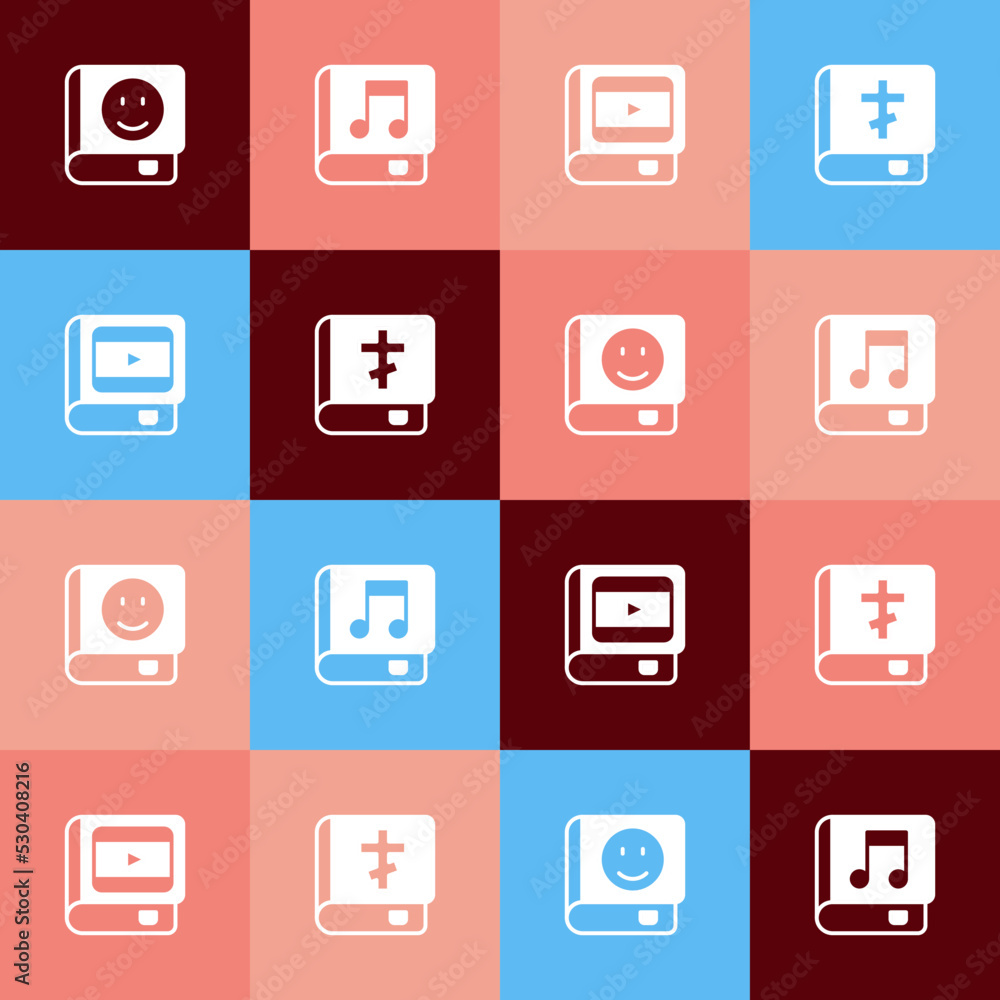 Set pop art Book, Audio book, about cinema and Holy bible icon. Vector Set pop art Book, Audio book, about cinema and Holy bible icon. Vector