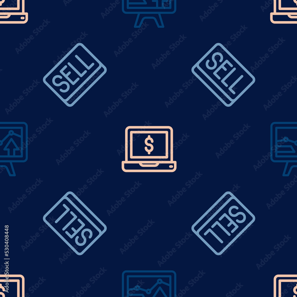 Set line Monitor with graph chart, Sell button and Laptop dollar on seamless pattern. Vector Set line Monitor with graph chart, Sell button and Laptop dollar on seamless pattern. Vector