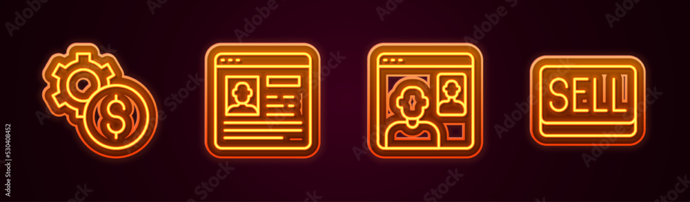 Set line Gear with dollar symbol, Resume, Video chat conference and Sell button. Glowing neon icon. Vector Set line Gear with dollar symbol, Resume, Video chat conference and Sell button. Glowing neon icon. Vector