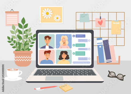 Online meeting, computer on the table, online learning, webinar, flat vector illustration, people connect, study or meet online via teleconferencing, video conferencing, laptop computer remote work
