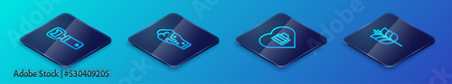 Set Isometric line Heart with glass of beer, Bottle opener, Wheat and Glass icon. Vector