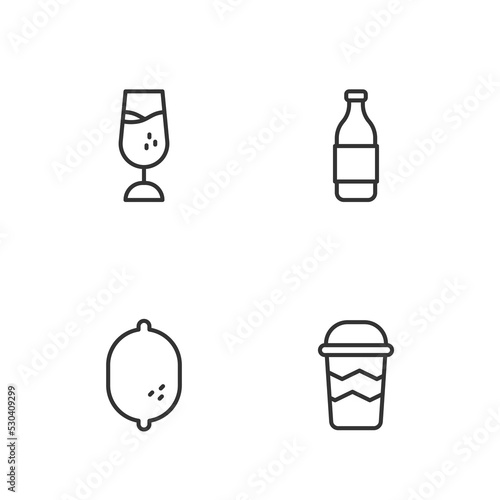 Set line Coffee cup to go  Lemon  Wine glass and Bottle wine icon. Vector