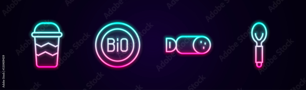 Set line Coffee cup to go, Banner for bio, Salami sausage and Spoon. Glowing neon icon. Vector Set line Coffee cup to go, Banner for bio, Salami sausage and Spoon. Glowing neon icon. Vector