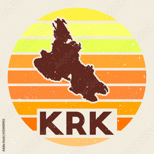 Krk logo. Sign with the map of island and colored stripes, vector illustration. Can be used as insignia, logotype, label, sticker or badge of Krk.