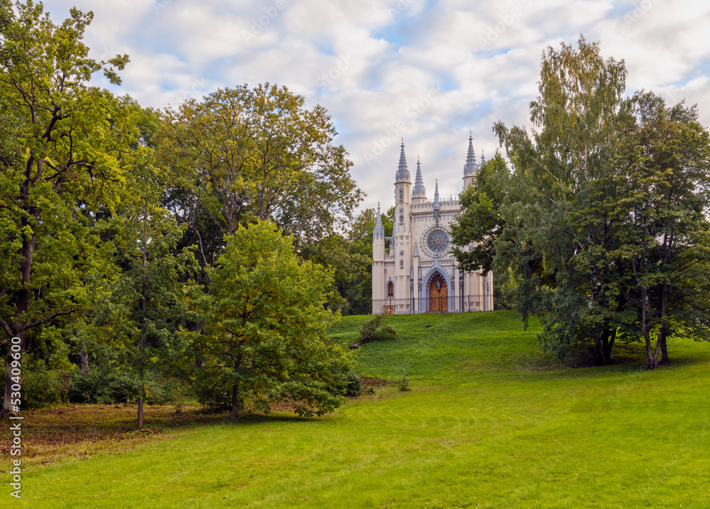 Gothic Chapel in Peterhof is an Orthodox church in the name of Saint Alexander Nevsky situated in the Alexandria Park of Petergof, Russia. Gothic Chapel in Peterhof is an Orthodox church in the name of Saint Alexander Nevsky situated in the Alexandria Park of Petergof, Russia.