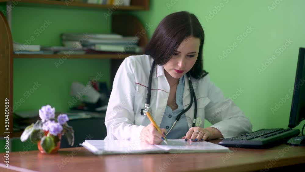 Female Doctor in medical Uniform sit at workplace desk In Hospital Office writing information in medical registration journal. Concept of health and safety life Female Doctor in medical Uniform sit at workplace desk In Hospital Office writing information in medical registration journal. Concept of health and safety life