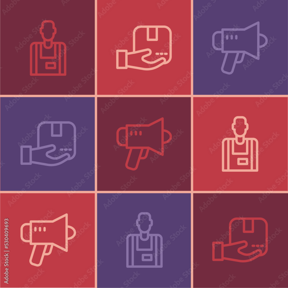 Set line Seller, Megaphone and Delivery hand with box icon. Vector Set line Seller, Megaphone and Delivery hand with box icon. Vector