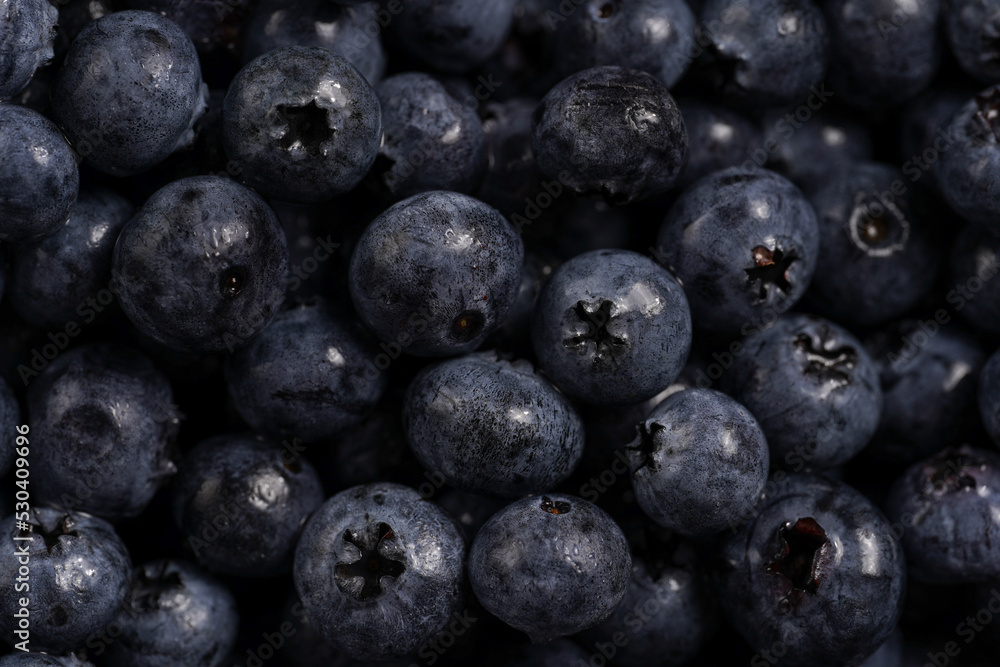 a heap of fresh ripe wet blueberries filling the frame, selective focus, top view, background a heap of fresh ripe wet blueberries filling the frame, selective focus, top view, background