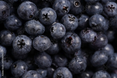 a heap of fresh ripe wet blueberries filling the frame, selective focus, top view, background