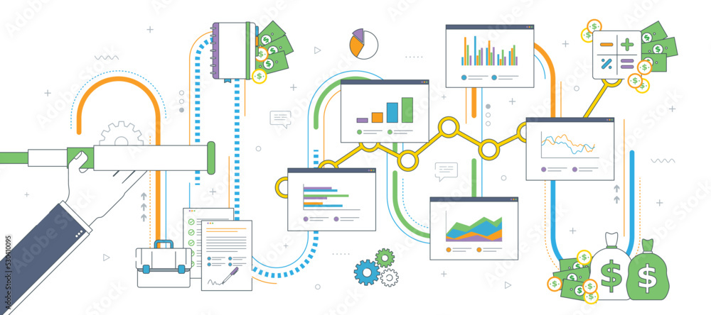 Hand with lunette analyzing investment charts and business icons. Business prediction and vision concept, financial investment, growth, success and earning money. Thin line flat vector illustration. Hand with lunette analyzing investment charts and business icons. Business prediction and vision concept, financial investment, growth, success and earning money. Thin line flat vector illustration.