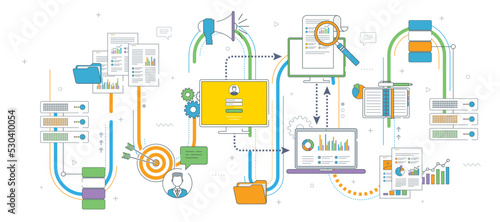 Computers with secure access to files on the network, cloud file transfer. Concepts cloud computing, data network, big data and business intelligence. Thin line flat vector illustration.